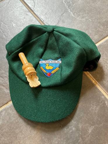 A green hat with a wooden stick on it

Description automatically generated