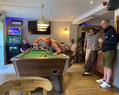 A group of people around a pool table

Description automatically generated