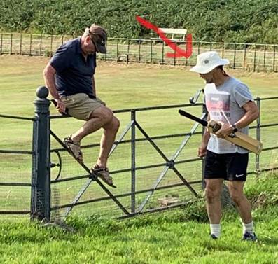 A person holding a bat and another person sitting on a fence

Description automatically generated